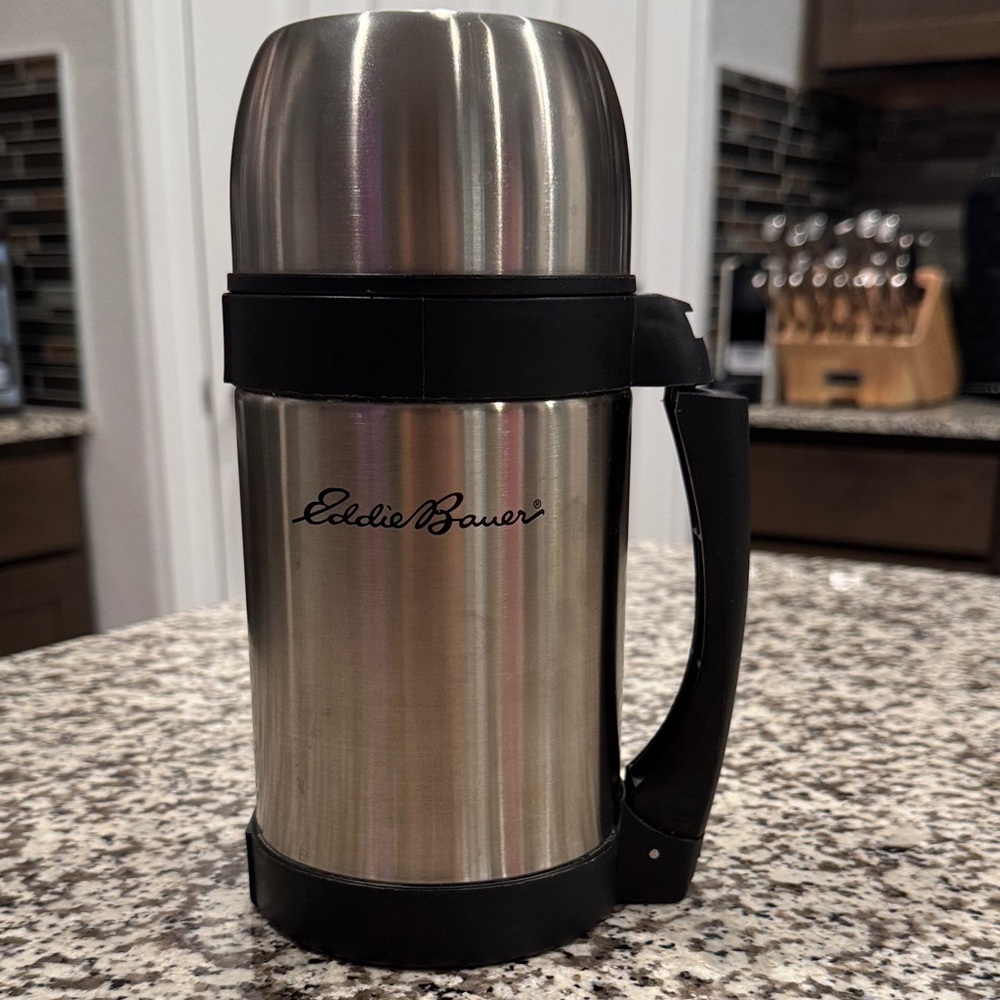 Eddie Bauer Silver and Black Travel Thermos, 32 oz capacity, wide mouth.